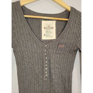 Vintage Hollister Ribbed Sweater Women M Gray Cable Knit Henley Long Sleeve Y2K